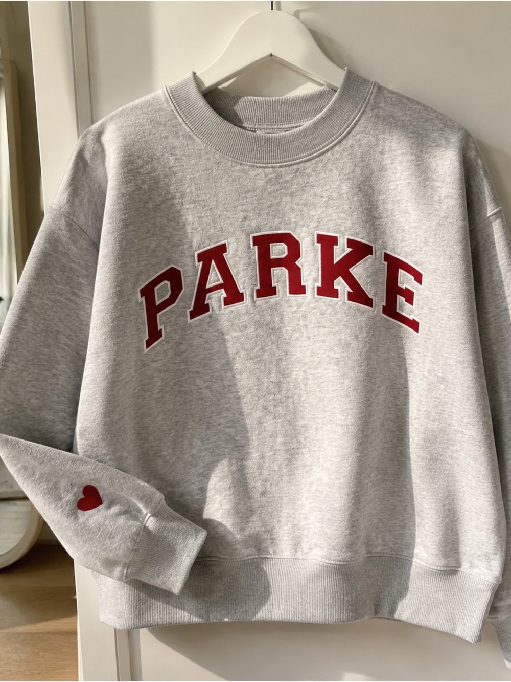Parker Gray Crewneck Sweatshirt with Red Lettering and Heart Accent